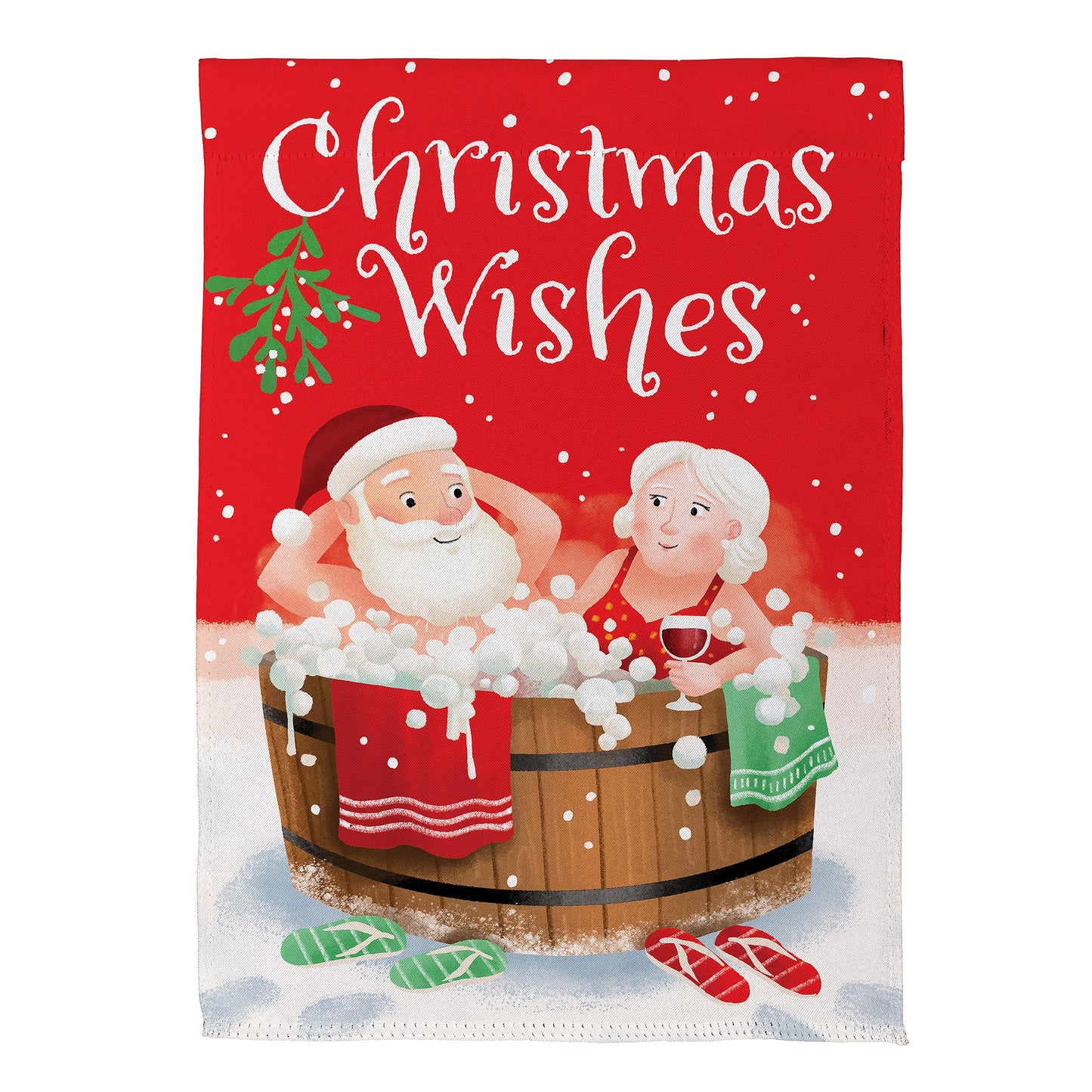 Christmas Wishes Suede Garden Flag red suede with Santa and Mrs Claus by Evergreen Enterprises on Tampa Home & Garden Store