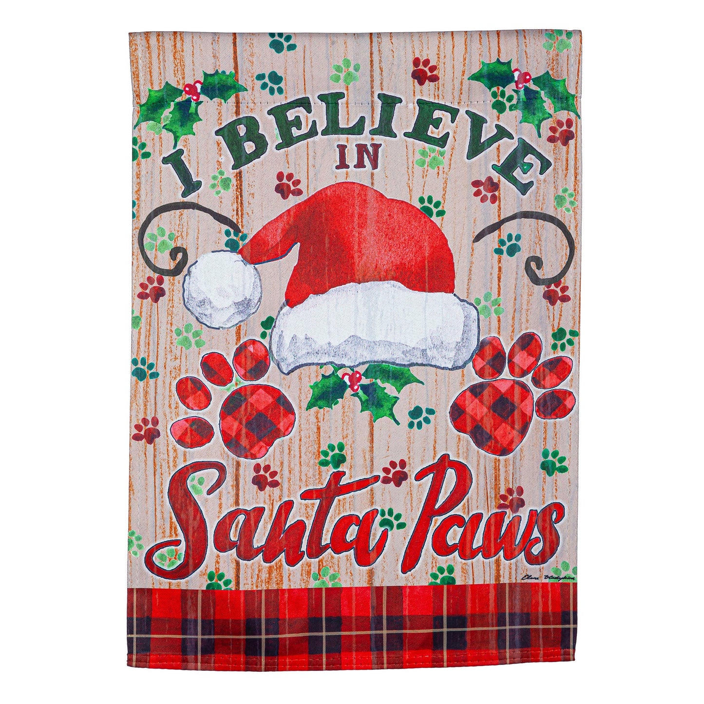 Santa Paws suede garden flag with I Believe in Santa Claus on woodgrain backdrop on Tampa Home & Garden Store