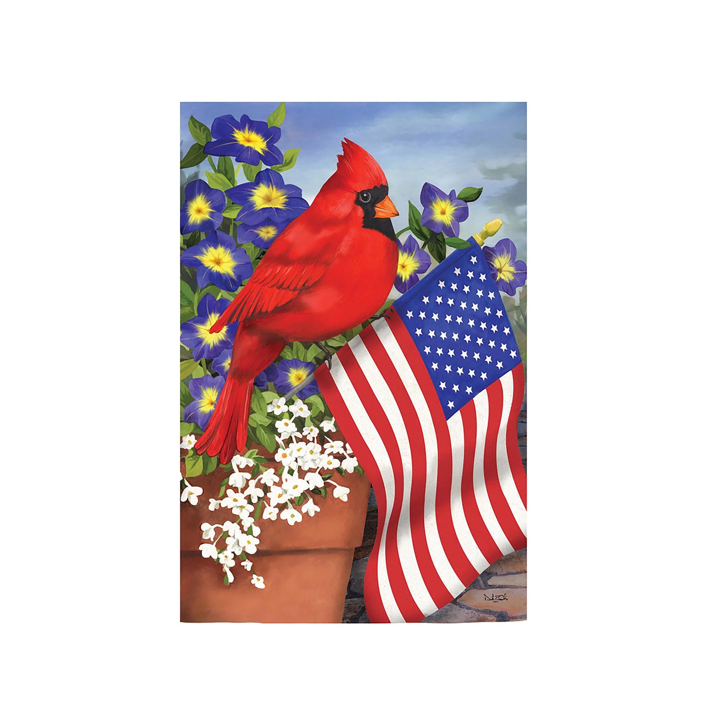 Cardinal Glory Suede Garden Flag with red cardinal among purple flowers and American flag on Tampa Home & Garden Store