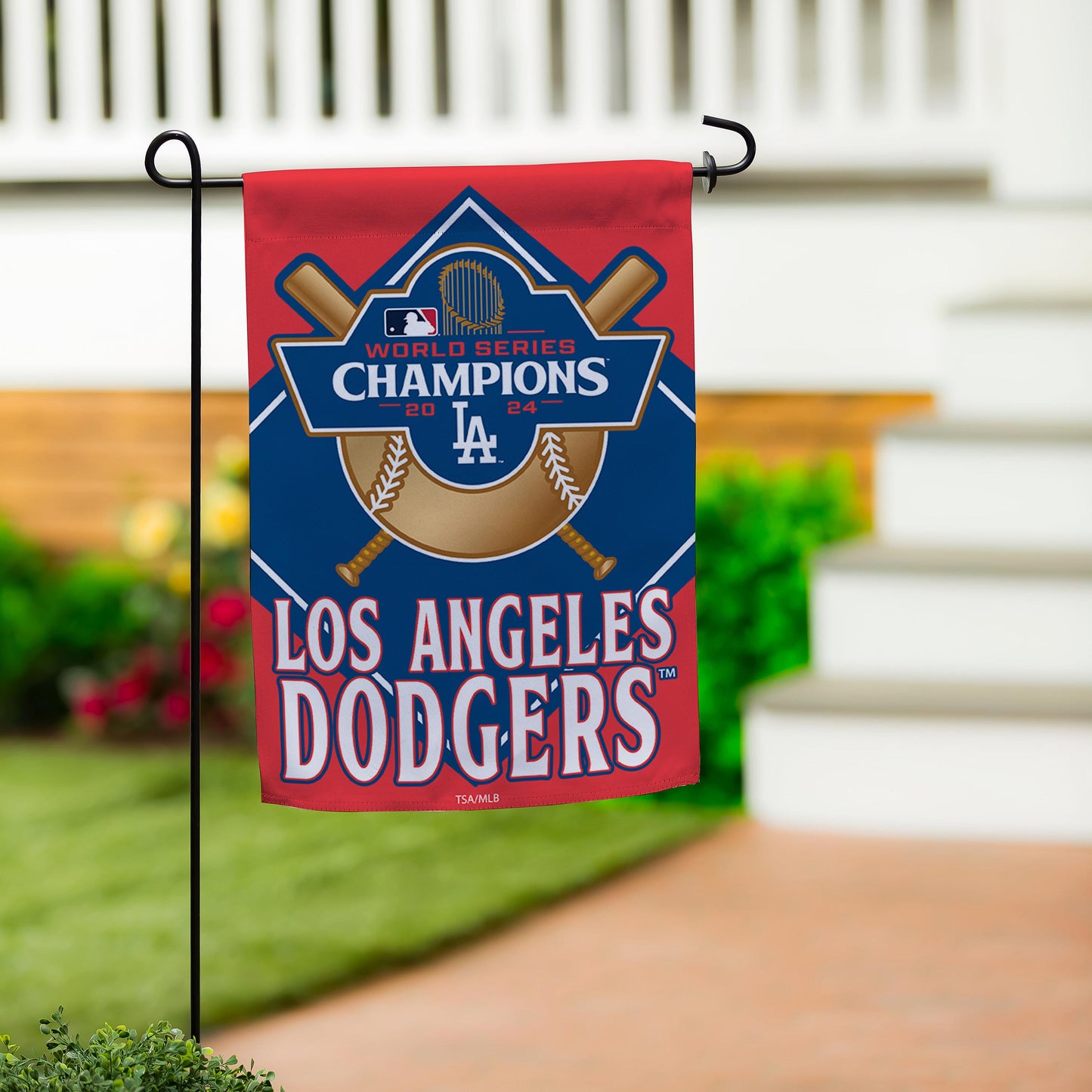 Los Angeles Dodgers suede flag GDN size with 2024 World Series Champions emblem on red banner on Tampa Home & Garden Store