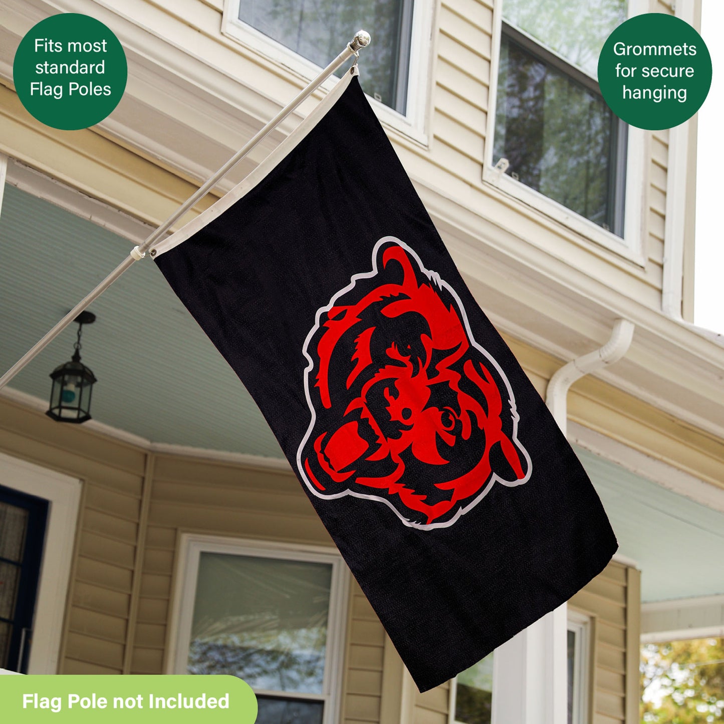 Chicago Bears black 3x5 single-sided estate flag with 2 grommets on a metal pole on Tampa Home & Garden Store