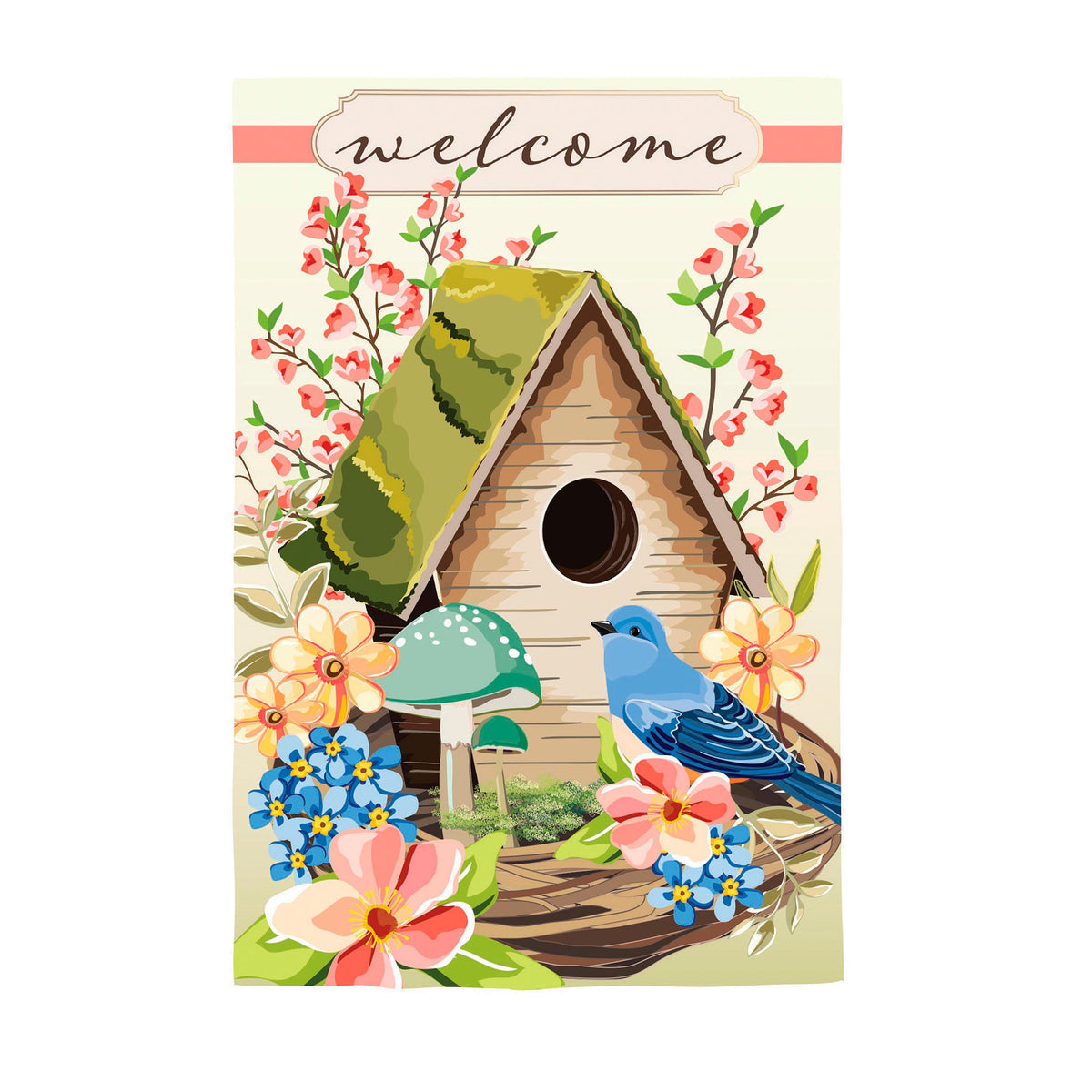 Spring Birdhouse Applique House Flag by Evergreen Enterprises with moss-green roof on Tampa Home & Garden Store