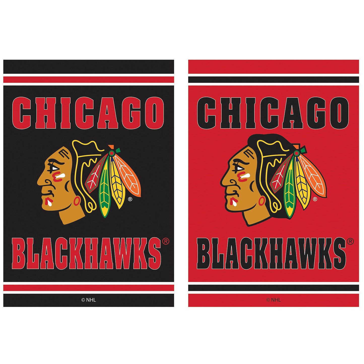 Chicago Blackhawks embossed suede flag pair, black and red with logo, by Evergreen Enterprises on Tampa Home & Garden Store