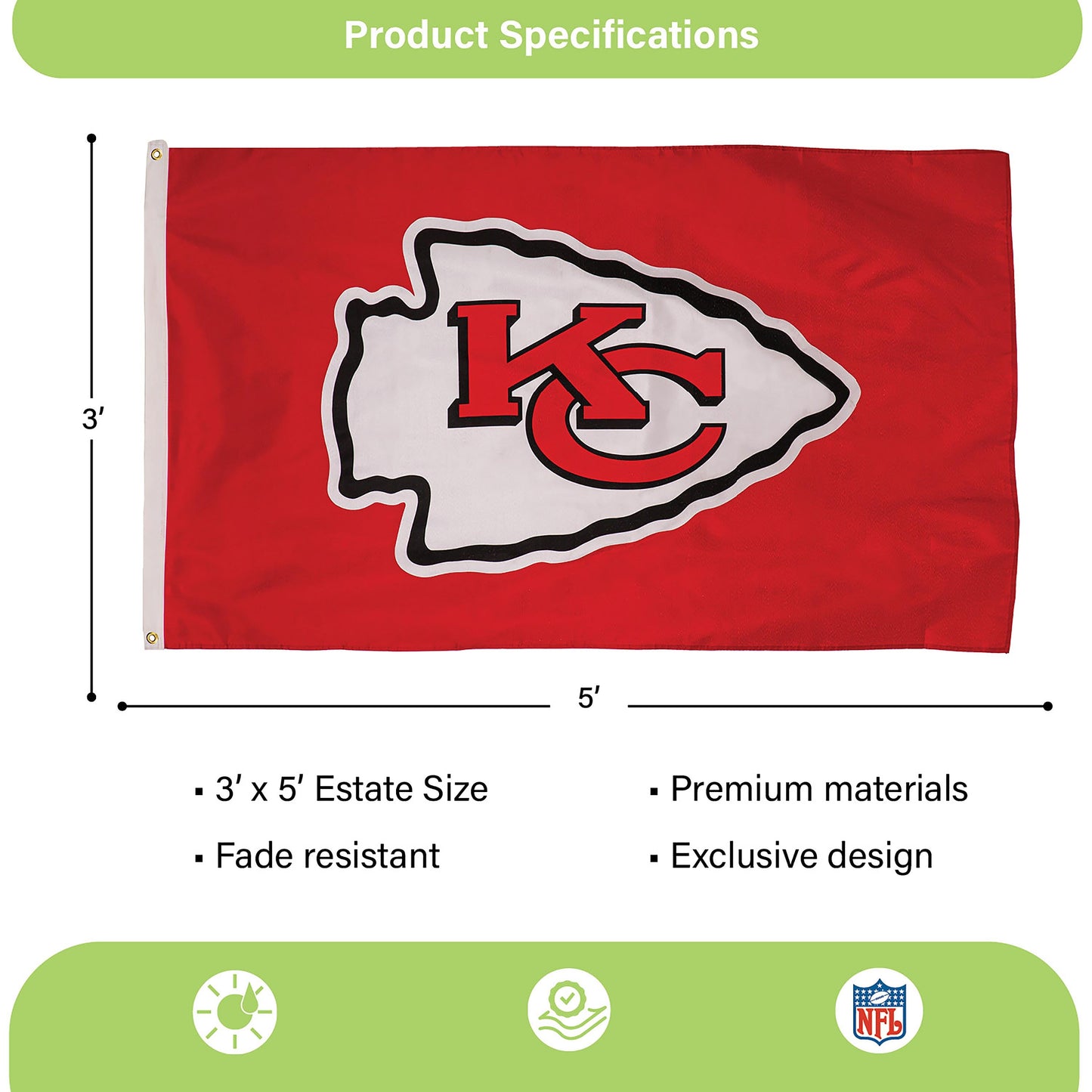Kansas City Chiefs single-sided estate flag 3'x5' with 2 grommets, red with KC logo on Tampa Home & Garden Store