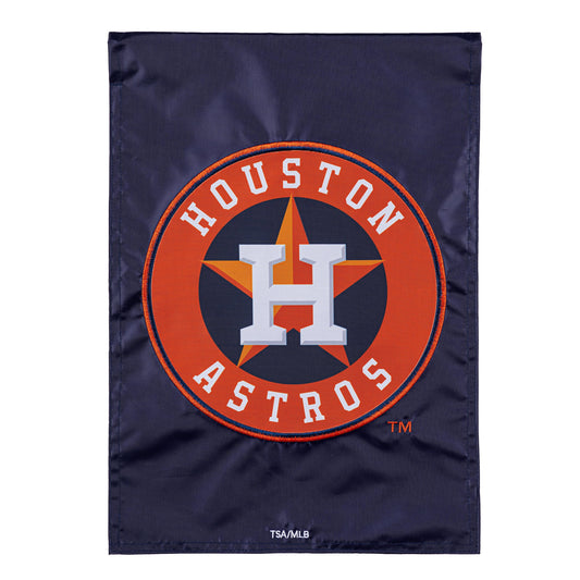 Houston Astros appliqué garden flag with orange circular Astros emblem on navy background on Tampa Home & Garden Store