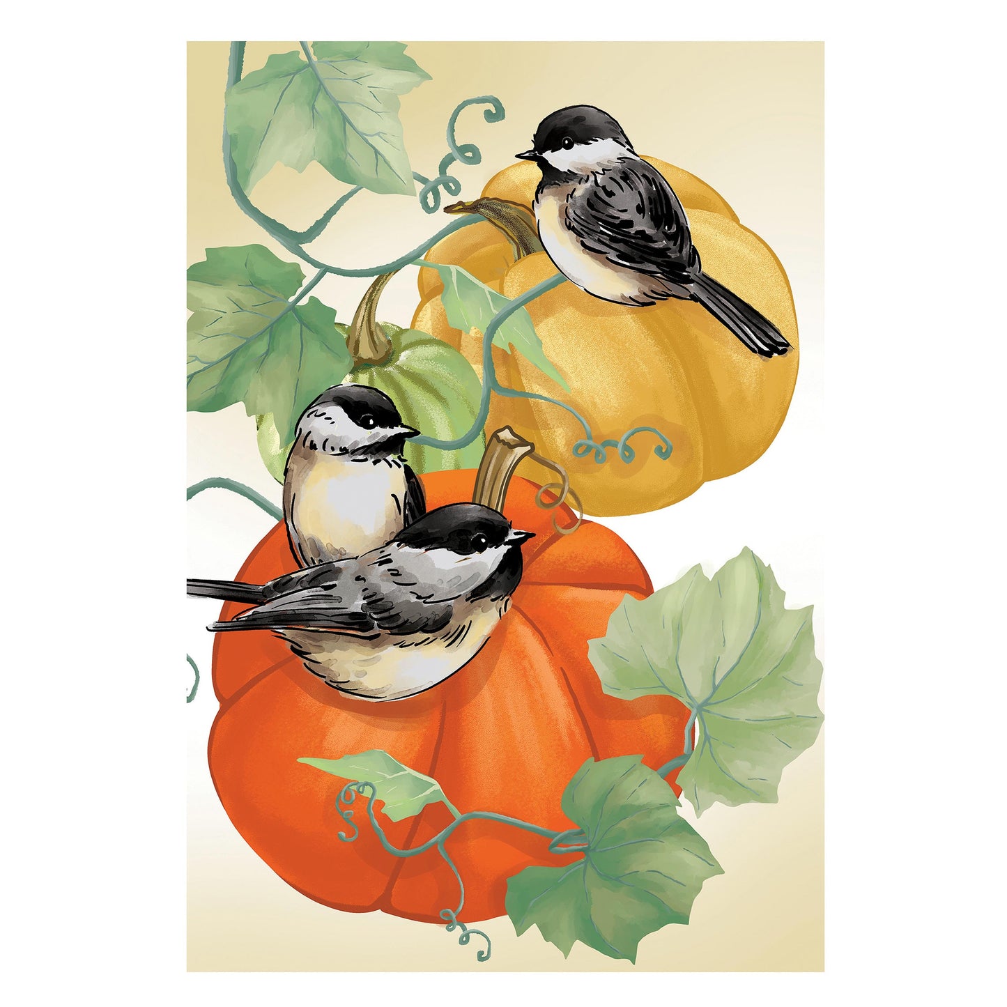 Chickadee Pumpkin Vine Suede Garden Flag with pumpkins and ivy; Evergreen Enterprises on Tampa Home & Garden Store