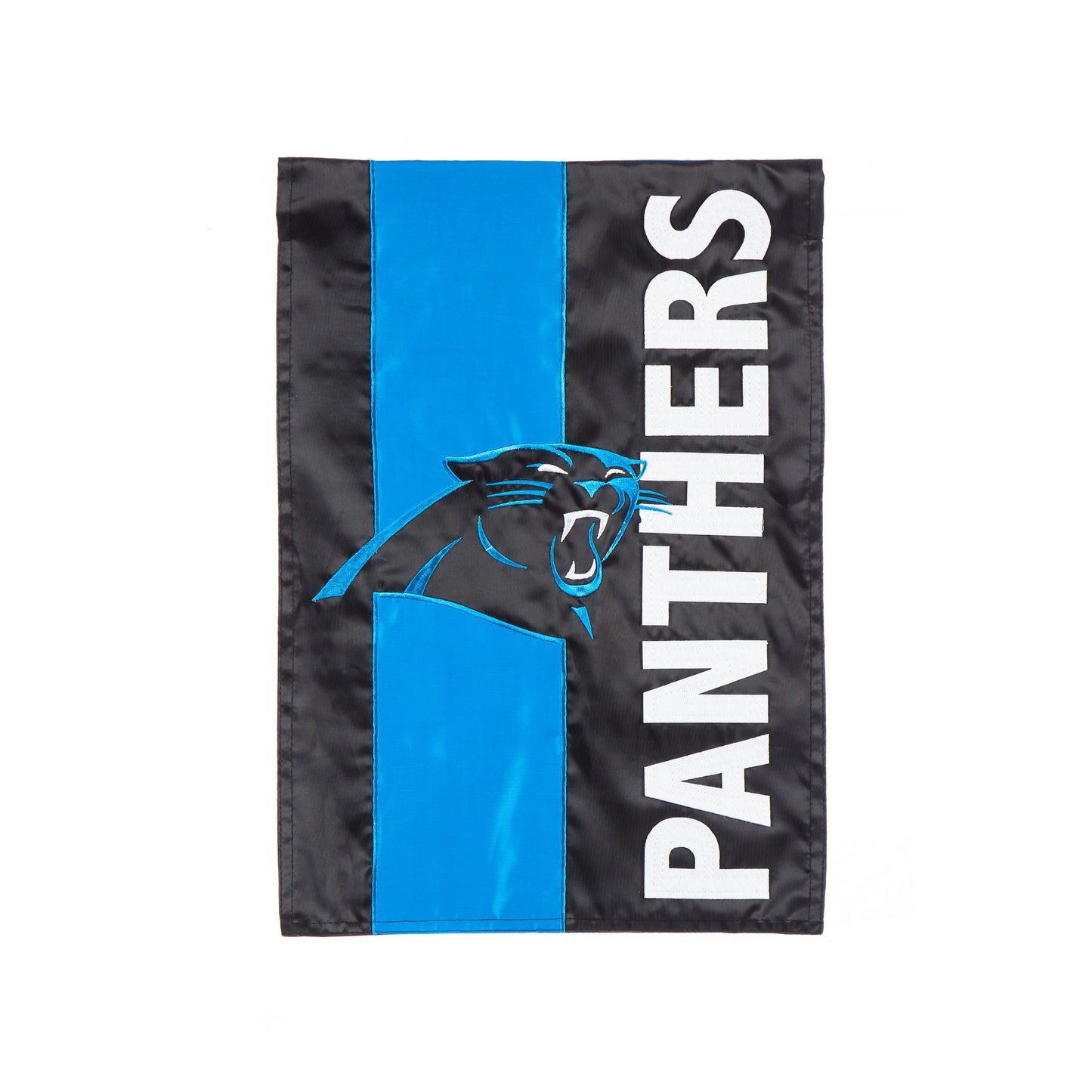 Carolina Panthers embellished garden flag with black field, blue stripe and white logo on Tampa Home & Garden Store