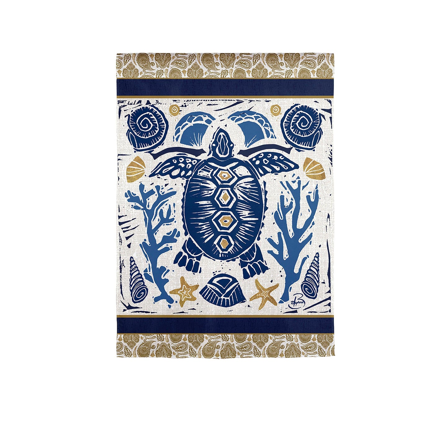 Primitive Sea Garden Suede Flag with navy stripe and beige borders; blue turtle motif on Tampa Home & Garden Store