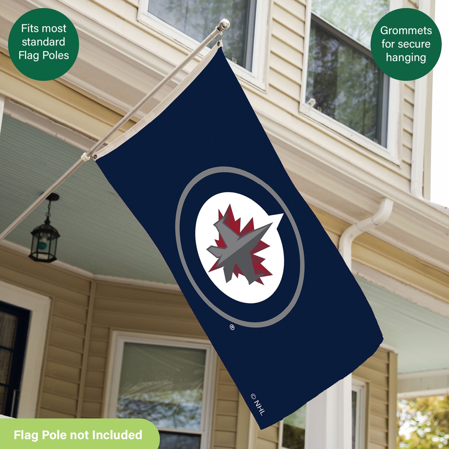 Winnipeg Jets sublimated flag 3x5 with 2 grommets; navy flag with team logo by Evergreen on Tampa Home & Garden Store