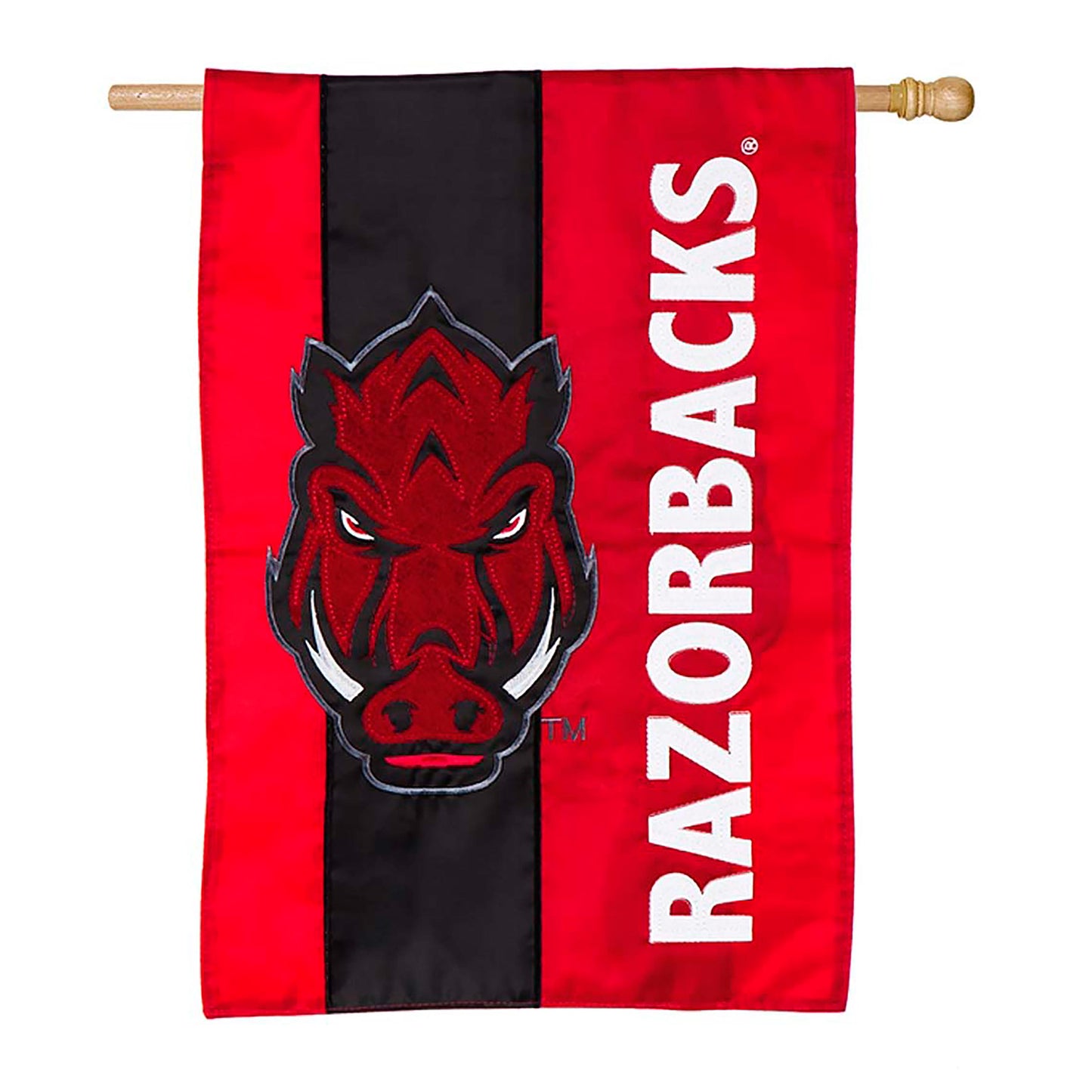 DoubleSided NCAA Arkansas Razorbacks flag red black strip white ARKANSAS text on wooden pole on Tampa Home & Garden Store