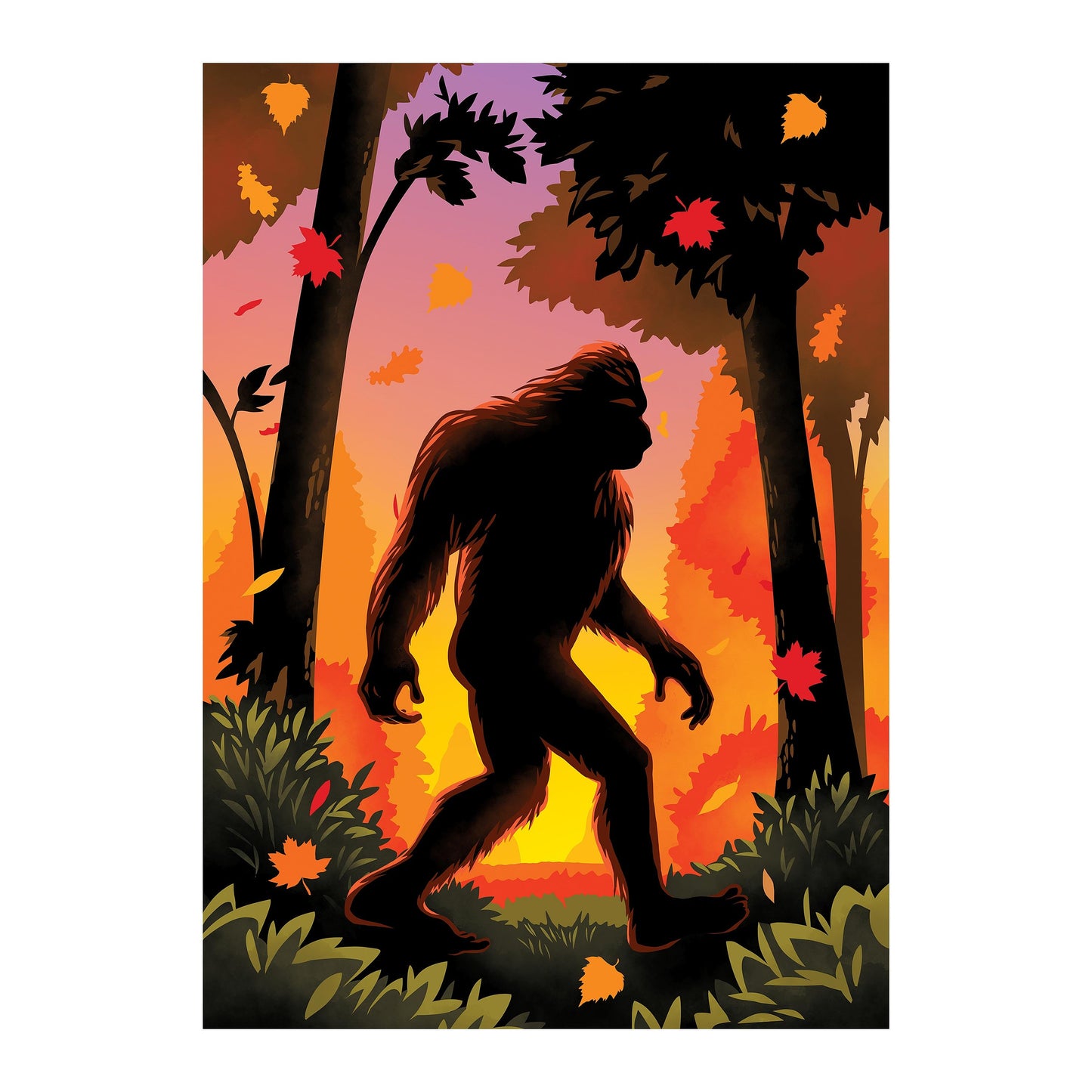 Bigfoot Fall Suede Garden Flag silhouette in sunset forest with leaves on Tampa Home & Garden Store