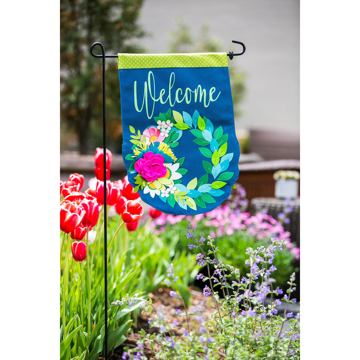 Flower Garden Burlap Flag on blue with lime header and floral blooms on garden stake on Tampa Home & Garden Store