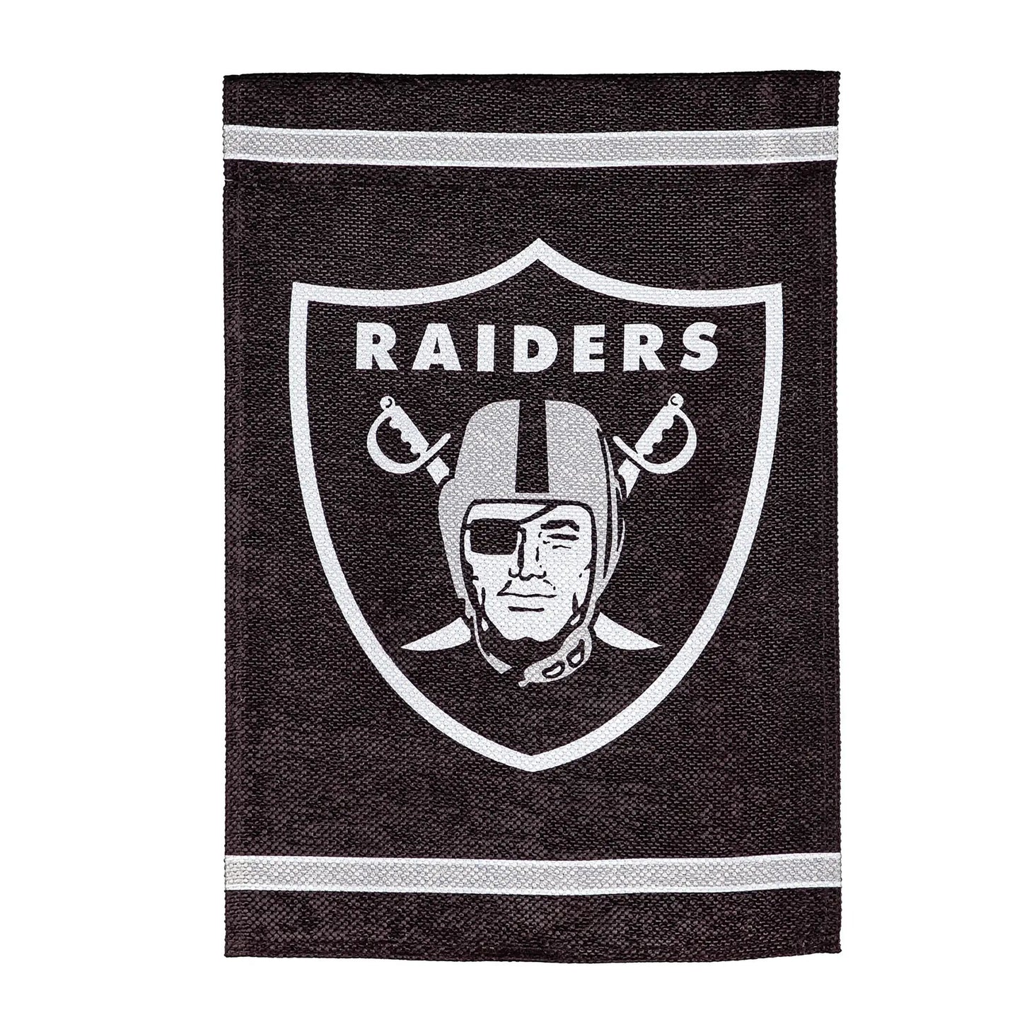 Las Vegas Raiders suede flag double-sided on black textured fabric with white shield on Tampa Home & Garden Store
