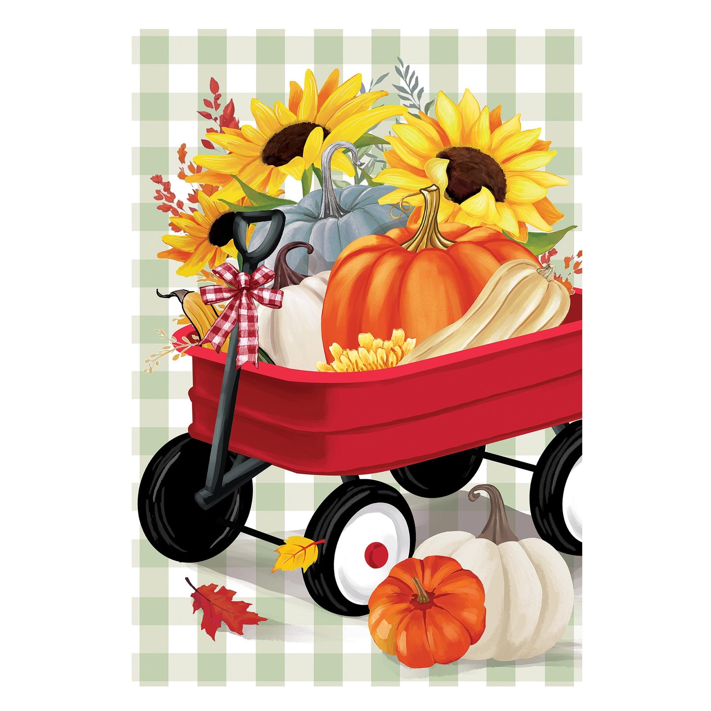 Wagon Filled Pumpkin Suede Garden Flag with pumpkins in a red wagon on green plaid backdrop on Tampa Home & Garden Store