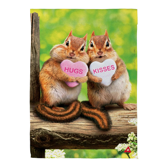 Valentine Chipmunks Suede House Flag with two chipmunks holding heart shapes on Tampa Home & Garden Store