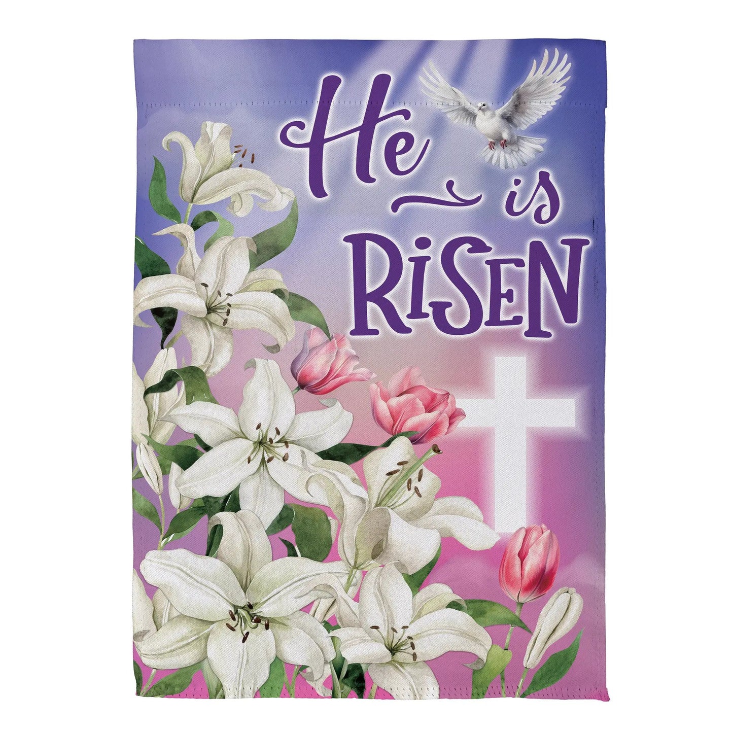 Risen Easter Dove Suede House Flag in purple gradient with white lilies and a flying dove on Tampa Home & Garden Store