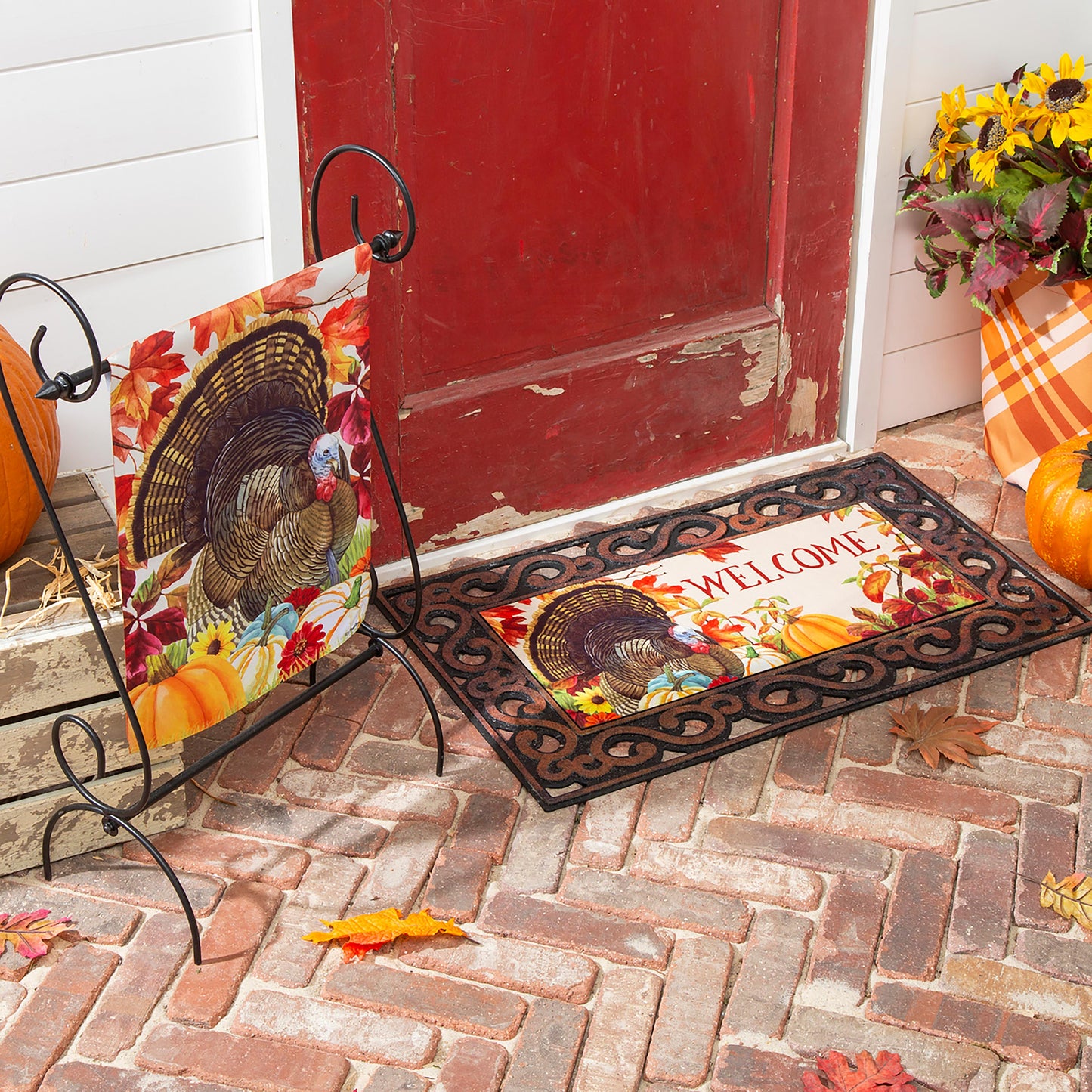 November Turkey Garden Suede Flag with autumn turkey motif in vibrant colors on Tampa Home & Garden Store
