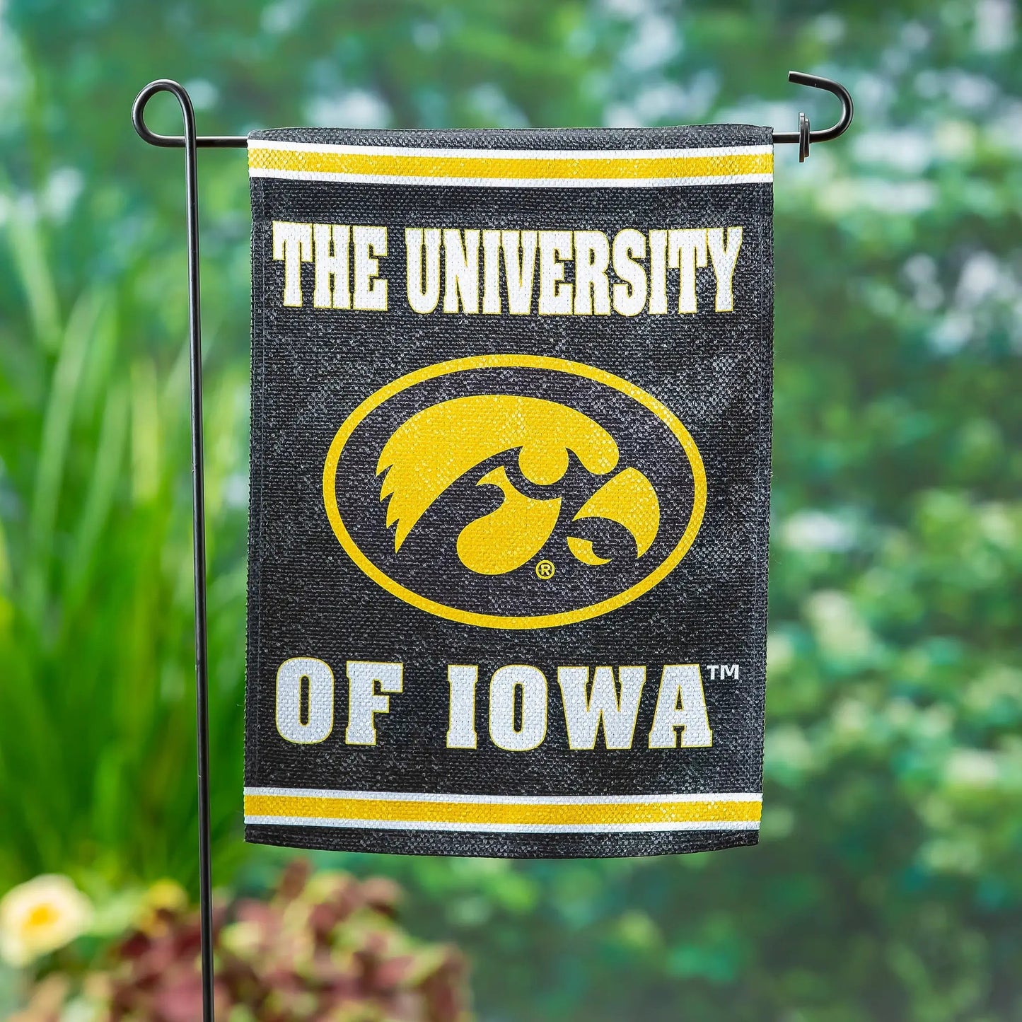 Embossed suede garden flag University of Iowa Hawkeyes emblem with white and yellow accents by Evergreen Enterprises on Tampa Home & Garden Store