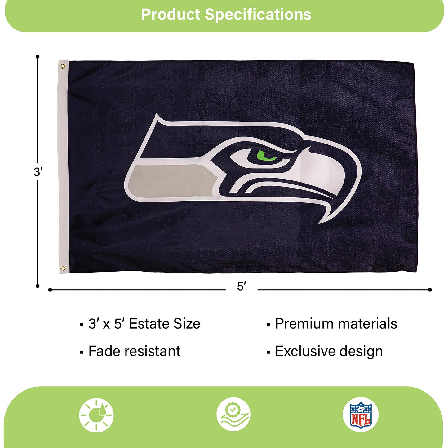 Seattle Seahawks single-sided estate flag 3x5 navy with logo, 2 grommets on Tampa Home & Garden Store