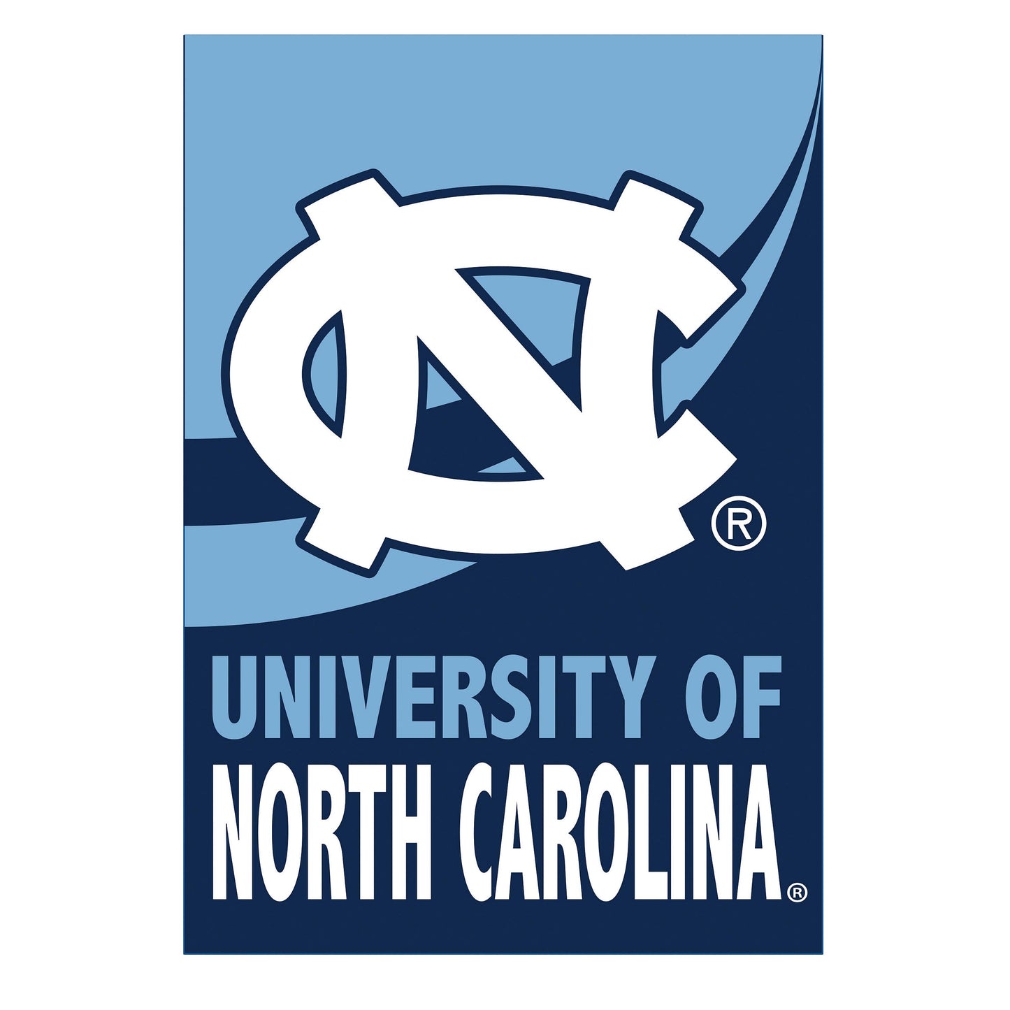Burlap flag University of North Carolina logo, blue and white, house size on Tampa Home & Garden Store