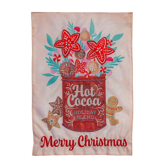 Hot Cocoa Holiday Blend applique garden flag with red text and cookies on beige background on Tampa Home & Garden Store
