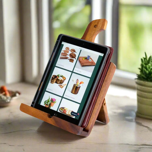 Acacia Wood Cookbook and Tablet Holder by Kalmar Home, wooden tablet stand on Tampa Home & Garden Store