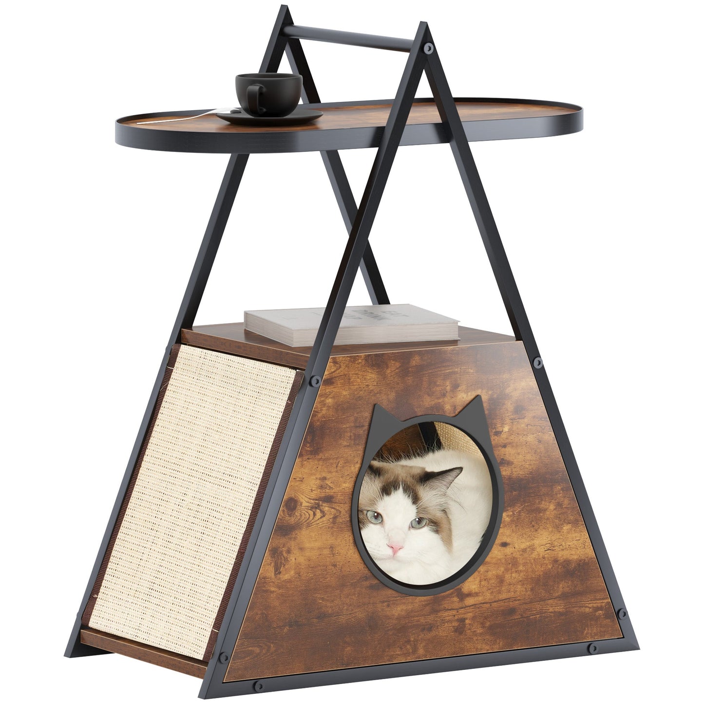 Niche pour chat, table d'appoint. Appartement pour chat en bois noir, meuble vintage pour animaux de compagnie