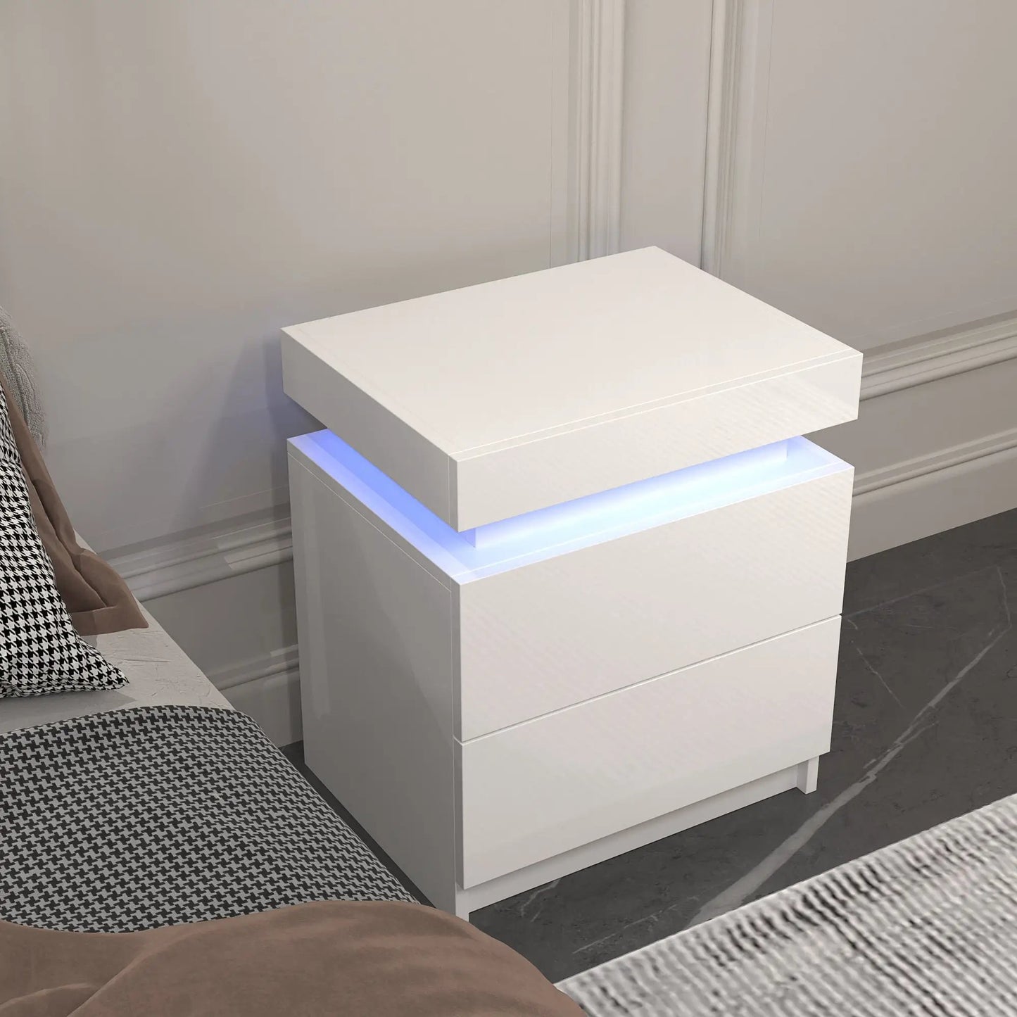 Modern white nightstand with 2 storage drawers, clean lines, blue LED glow in bedroom on Tampa Home & Garden Store