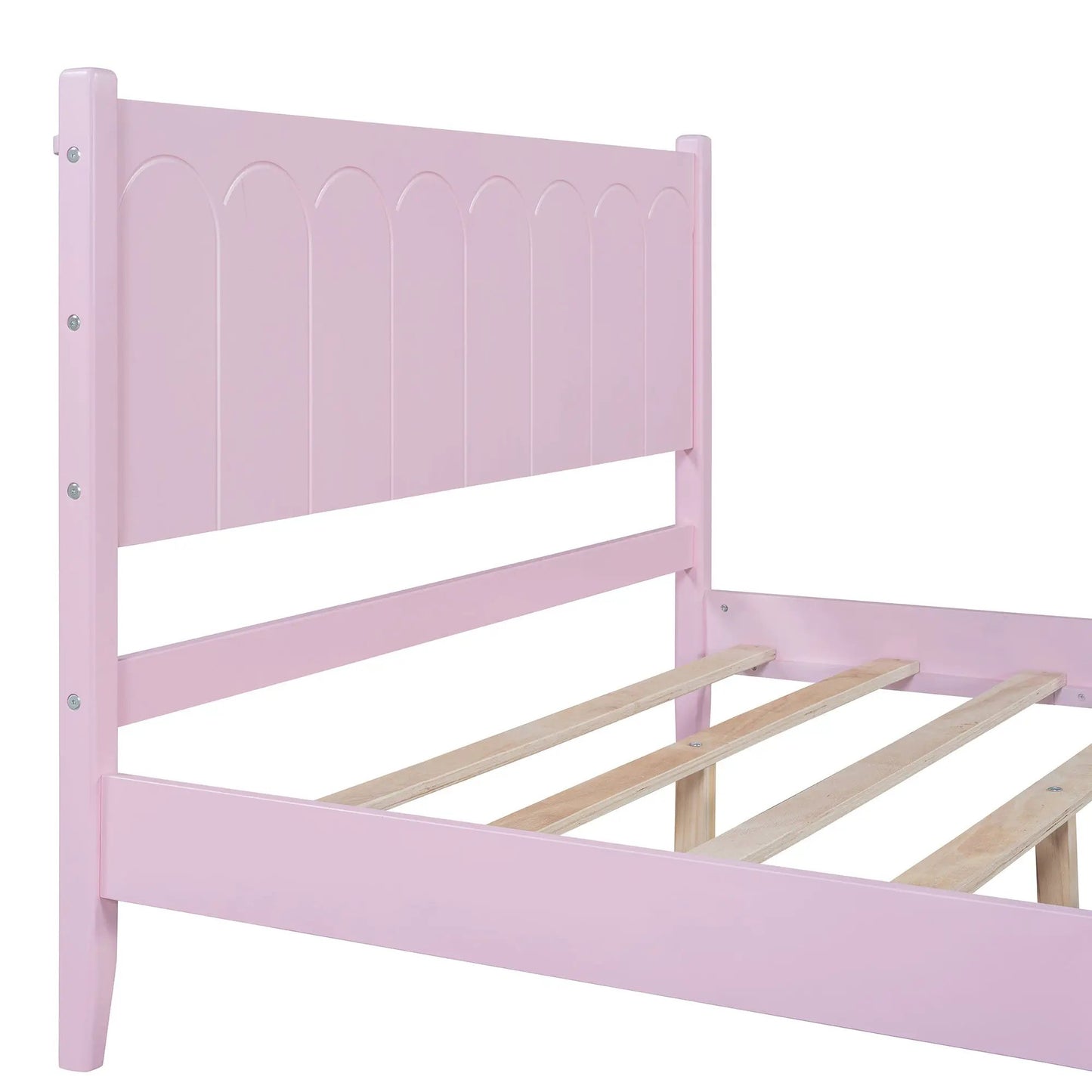 Estructura de cama de plataforma de madera de tamaño completo, cama de estilo retro con cabecero rectangular, no necesita somier, rosa