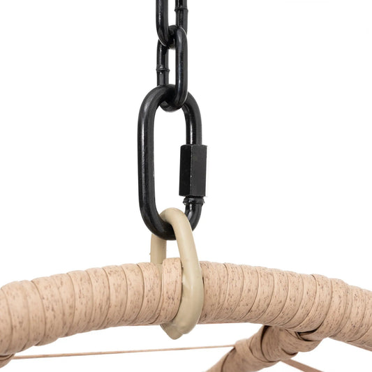 Outdoor egg chair hanging hardware with black metal chains and beige woven rope on Tampa Home & Garden Store