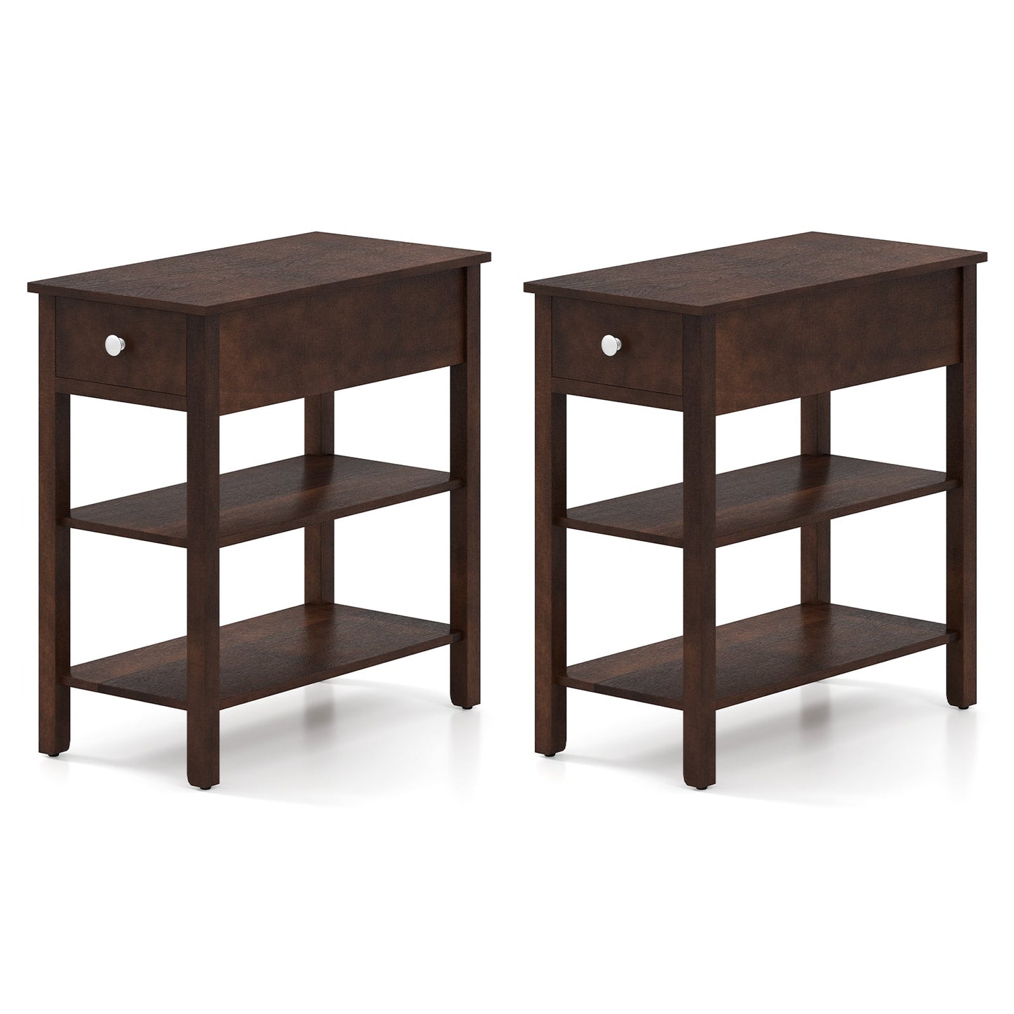 3-Tier Narrow End Table with Drawer and Storage Shelves Set of 2-Brown