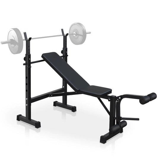 Olympic weight bench with squat rack, black steel frame and padded bench with weight plates on bar on Tampa Home & Garden Store