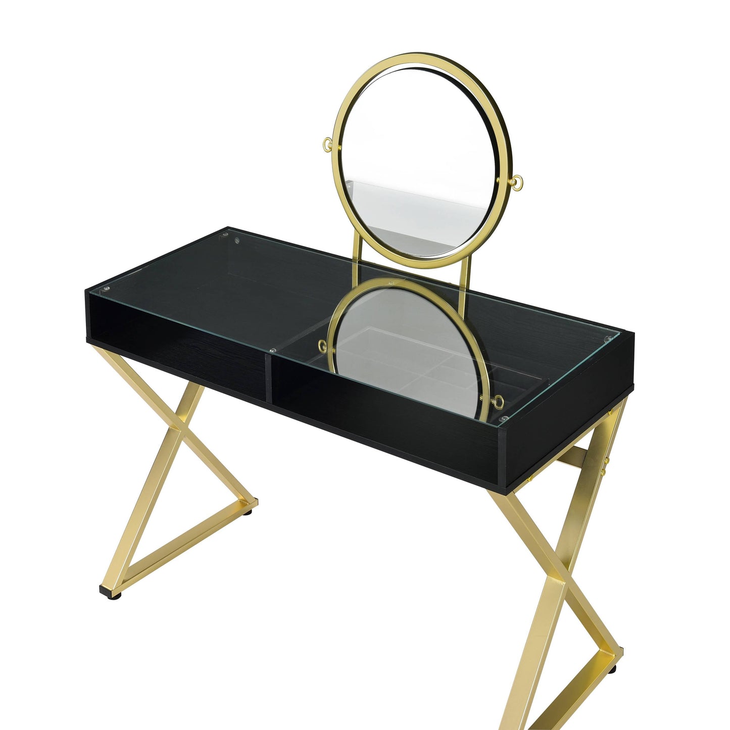 Vanity desk with black glass top, gold X-frame legs, and round gold mirror by HouseOfZazla on Tampa Home & Garden Store
