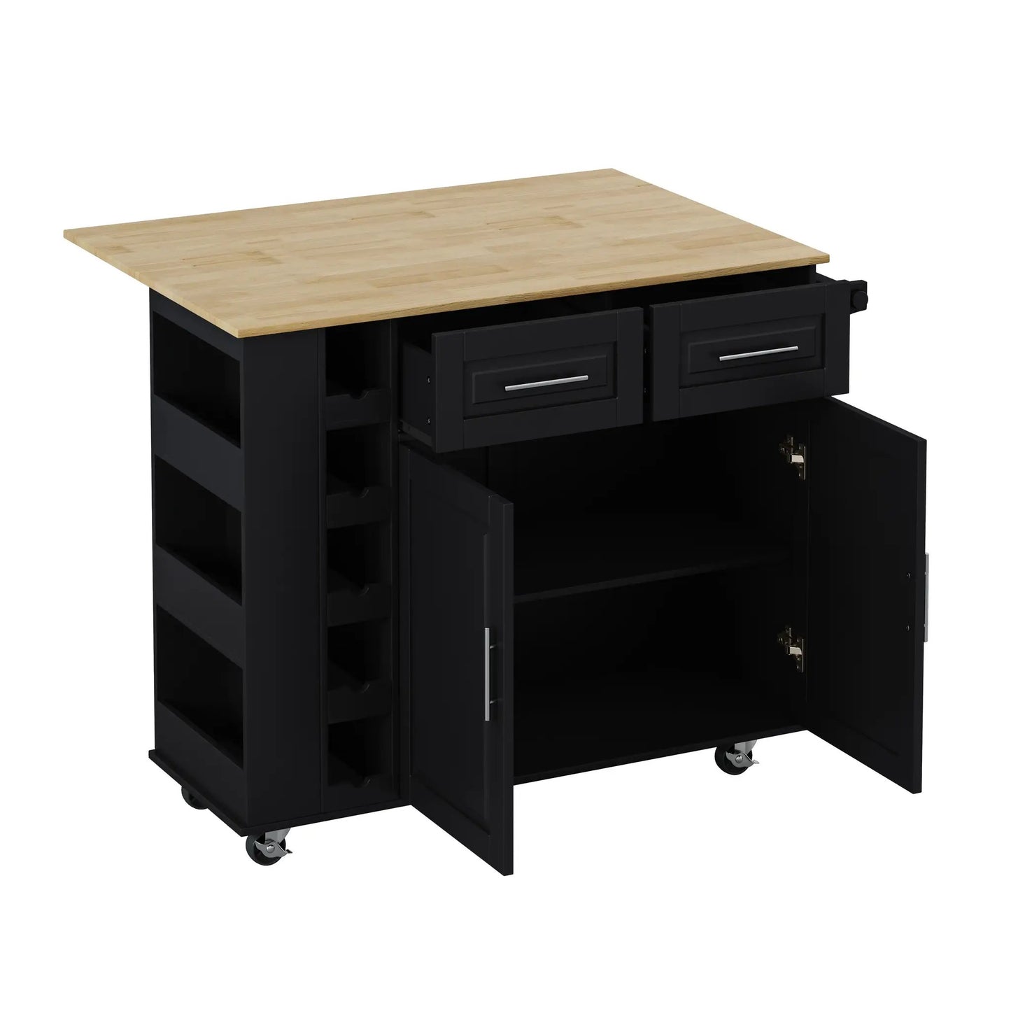 Multi Functional Kitchen Island Cart with Drawers black base, natural wood top, drawers, casters on Tampa Home & Garden Store