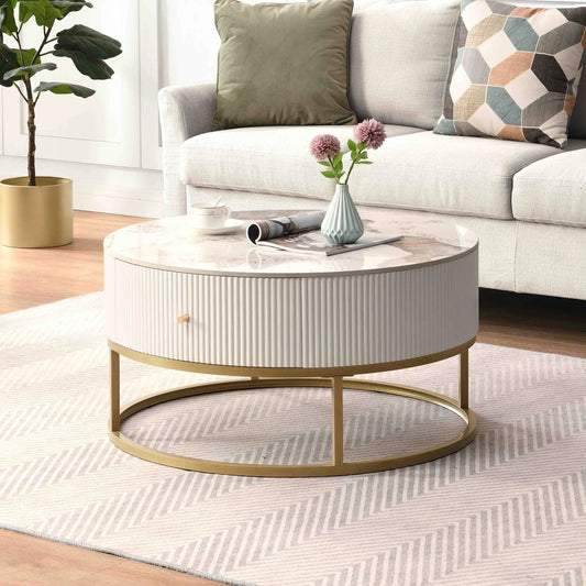 31.5 inch modern round coffee table with drawers, white ribbed finish and gold metal base on Tampa Home & Garden Store