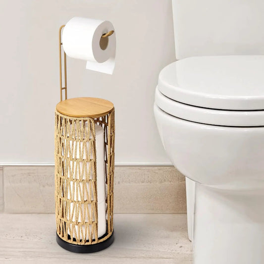 Freestanding toilet paper holder with storage wooden top woven rope body black base on Tampa Home & Garden Store