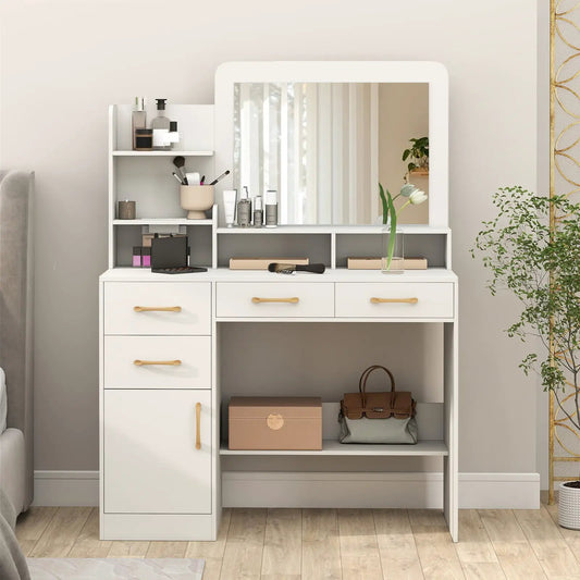 White vanity desk with large rounded mirror, open shelving and three drawers on Tampa Home & Garden Store