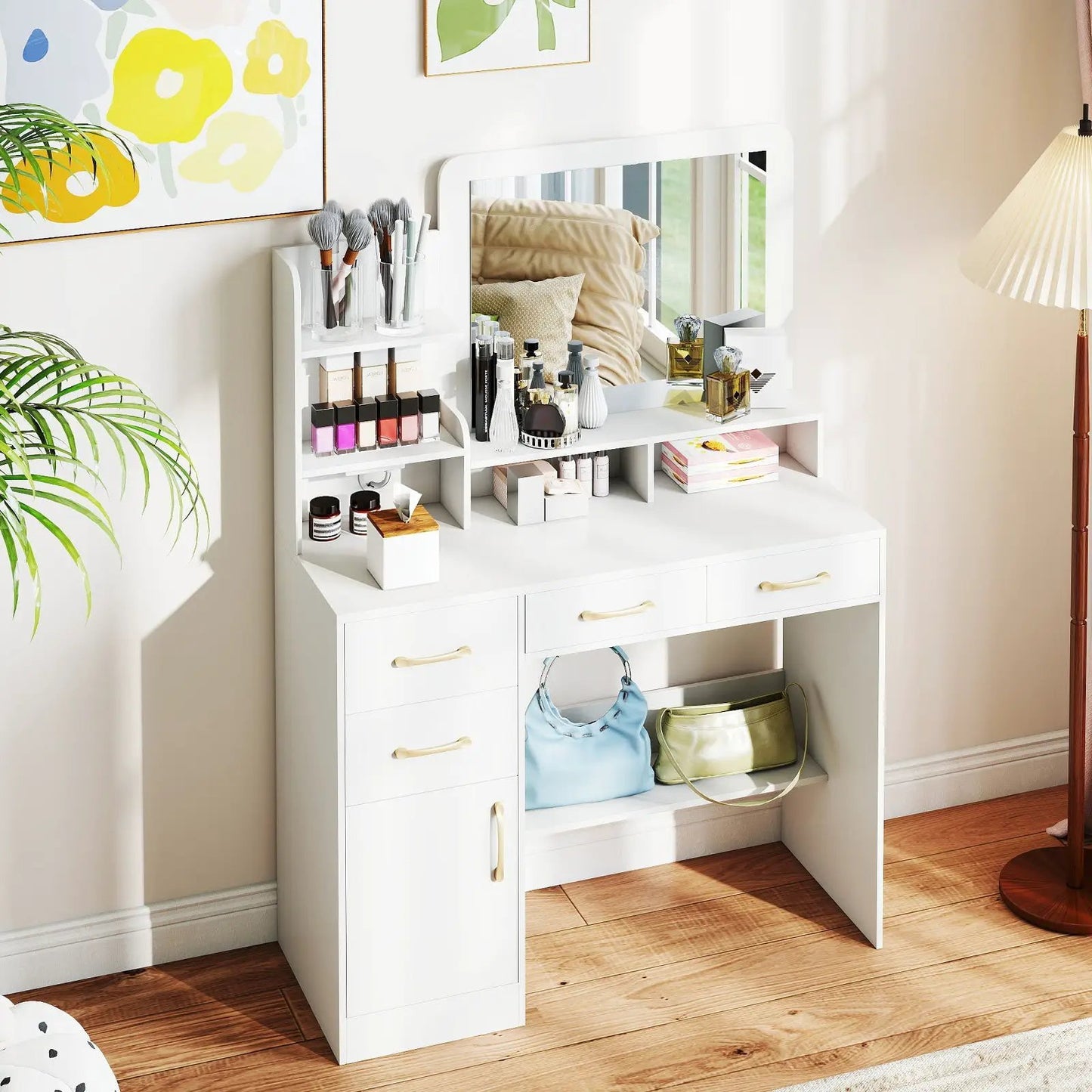White vanity desk with mirror, storage shelves and makeup organizer, power outlets on Tampa Home & Garden Store