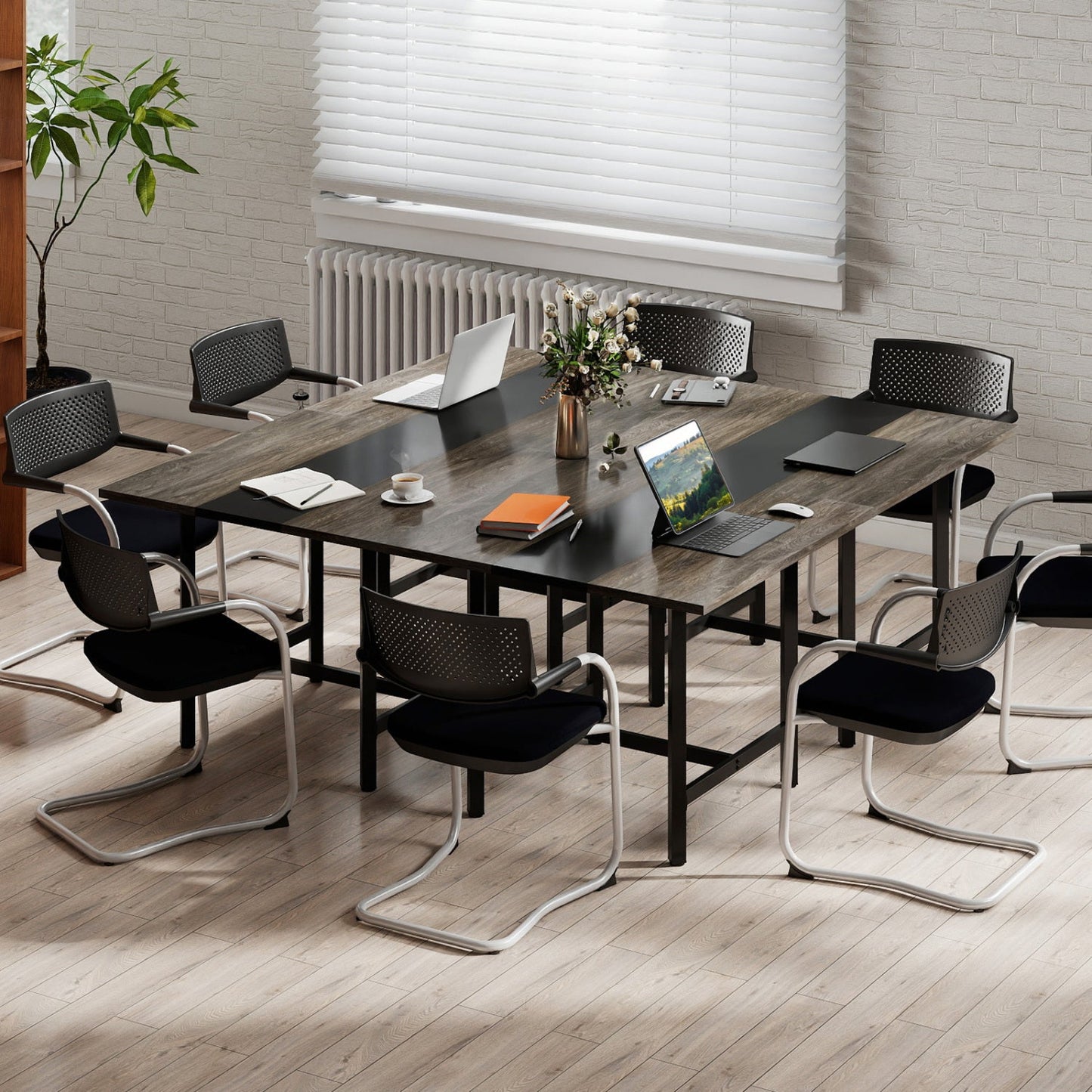 DirectDeals 39.5in Square Conference Table with Thick Top, dark wood veneer, black metal frame on Tampa Home & Garden Store