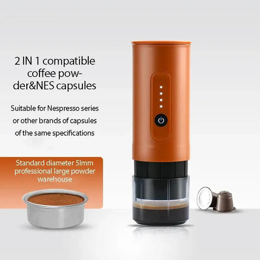 Portable orange Italian capsule coffee machine with black bottom, 2-in-1 capsule compatibility on Tampa Home & Garden Store