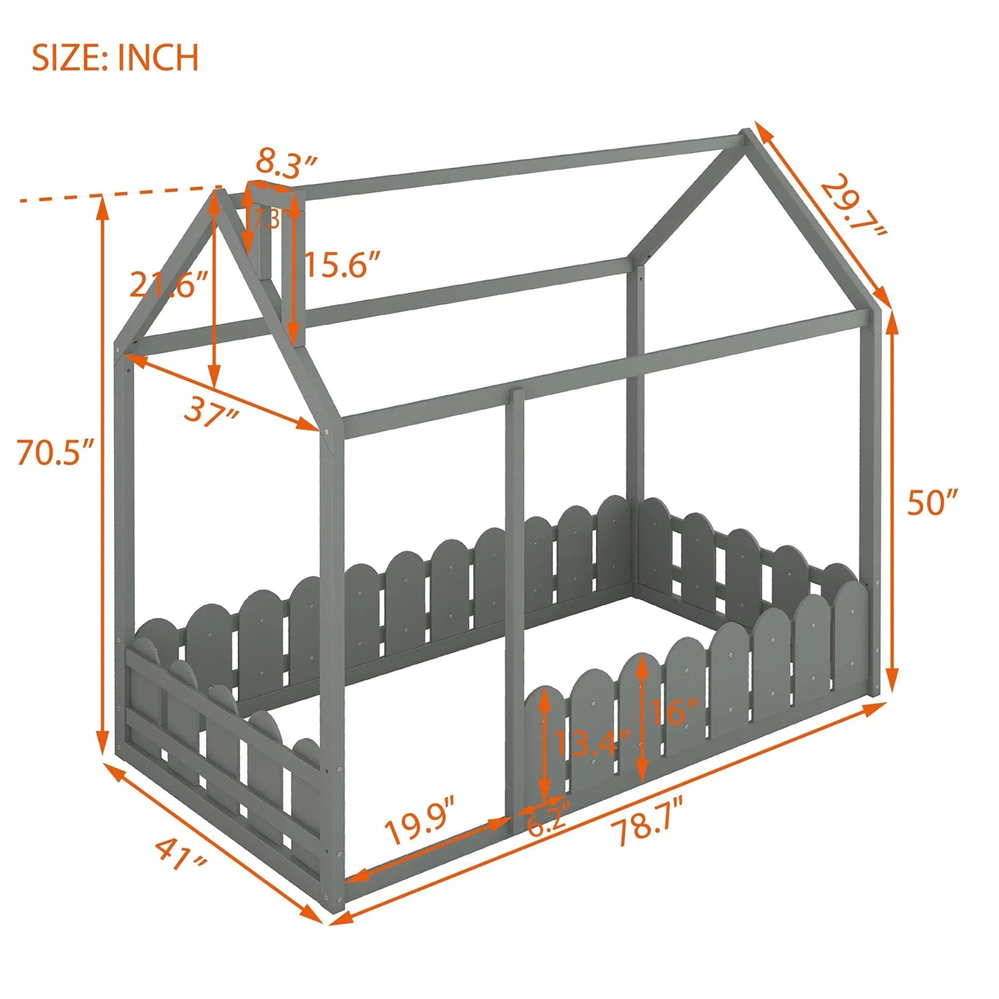 Twin Size Wood Bed House Frame With Fence Gray