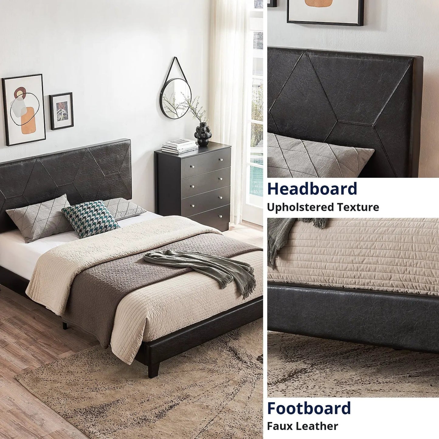 Base de cama tapizada de tamaño queen con soporte de listones de madera, fácil montaje, piel sintética negra