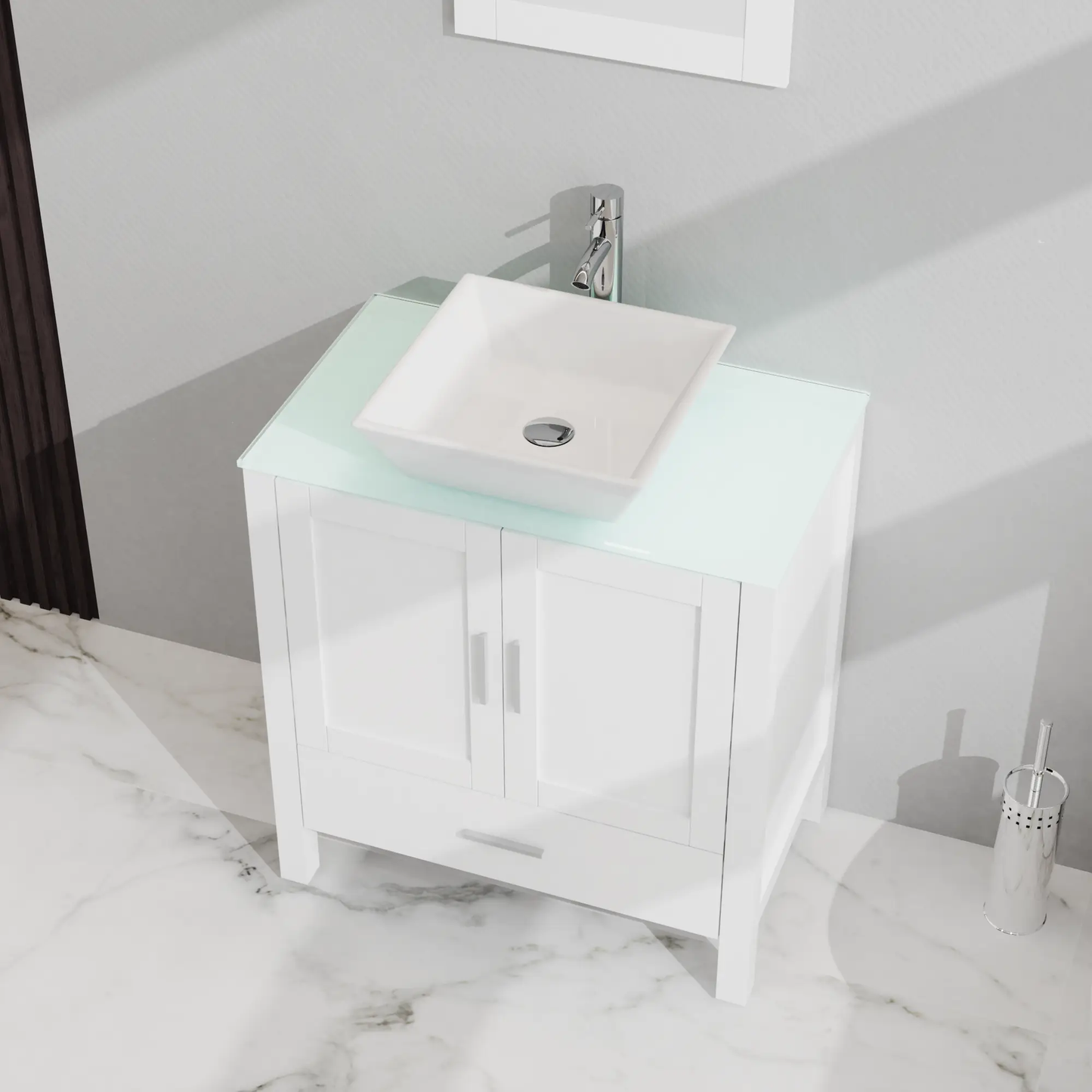 Goodyo 30in bathroom vanity sink mirror combo with glass top white cabinet chrome faucet on Tampa Home & Garden Store
