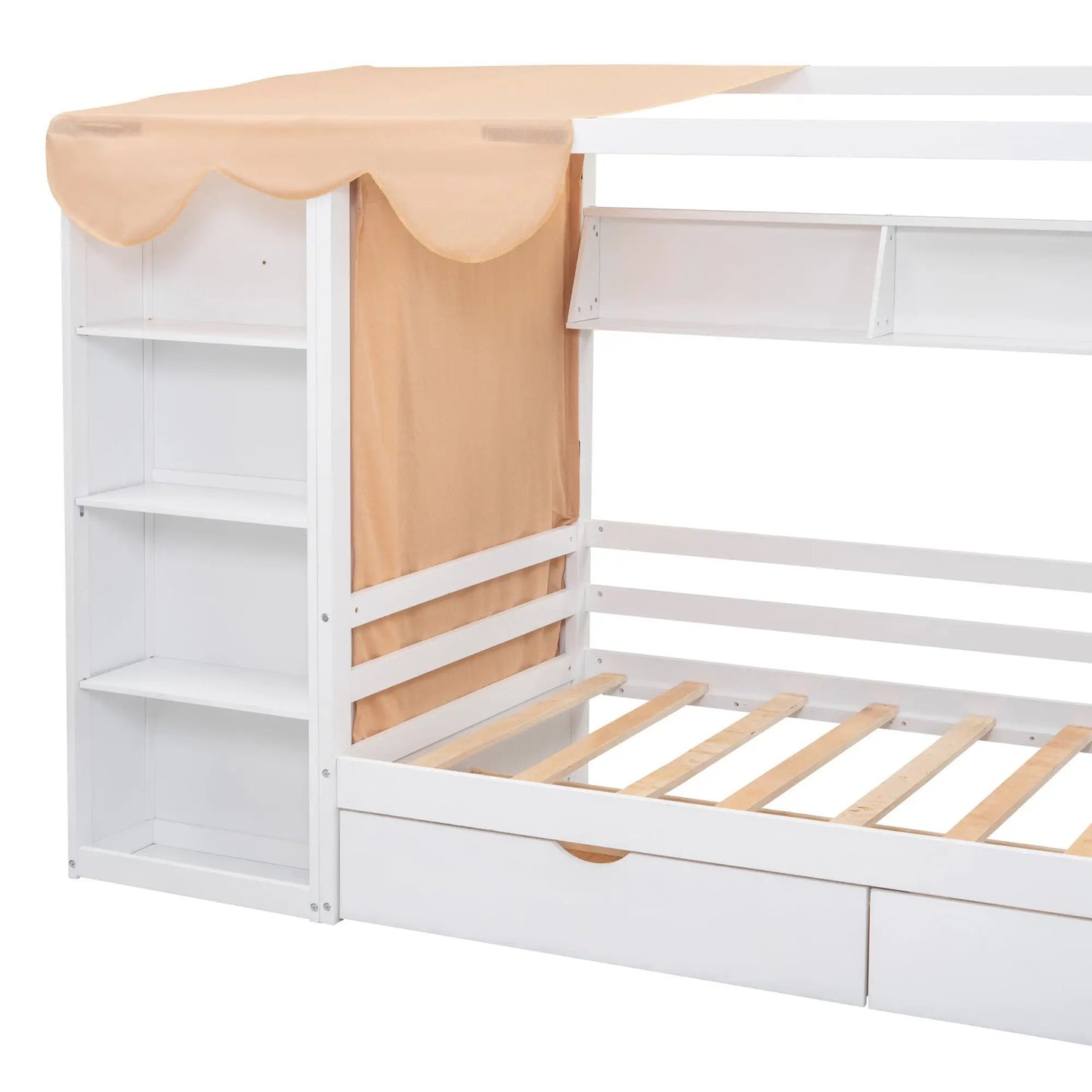 Cama individual con forma de casa con dos cajones y armario, blanca