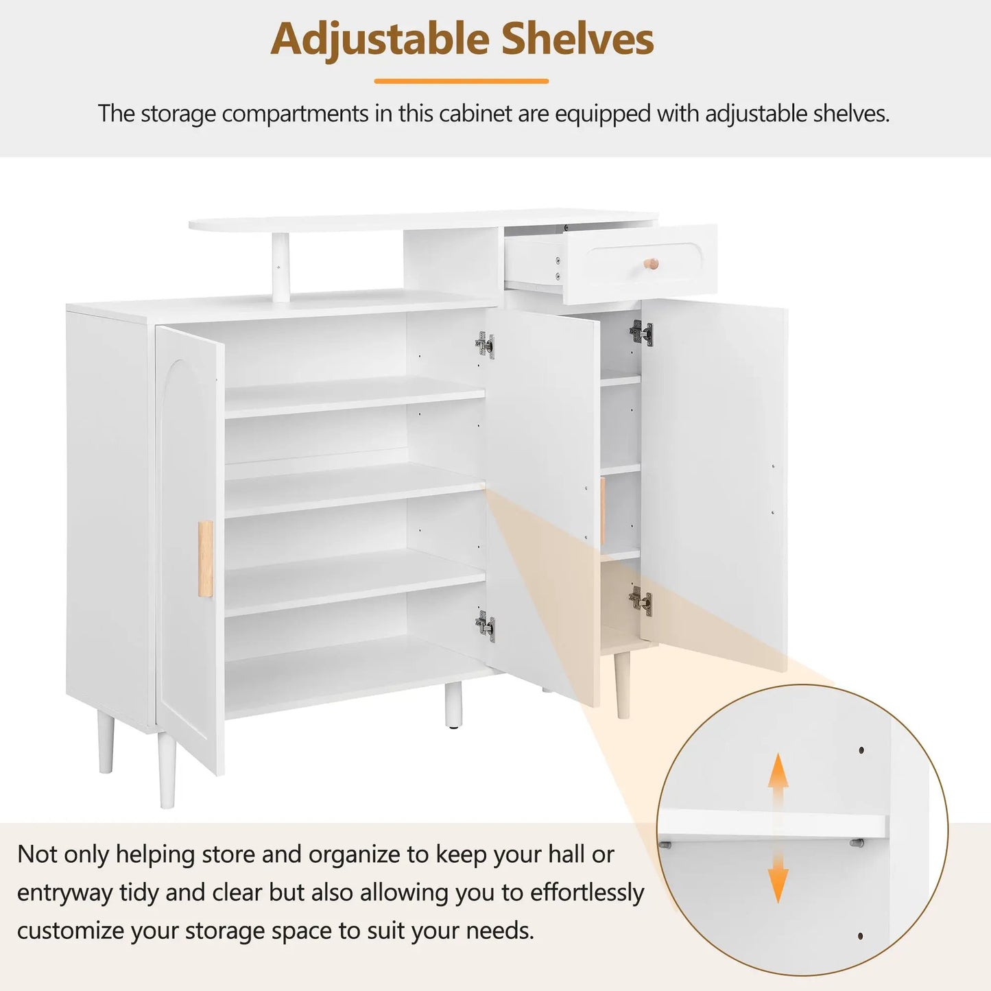 Elegant white shoe cabinet with arched doors and adjustable shelves by VIP Digital Presence on Tampa Home & Garden Store