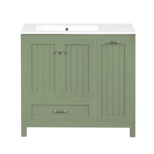 36 inch green bathroom vanity with white sink top, beadboard doors on Tampa Home & Garden Store
