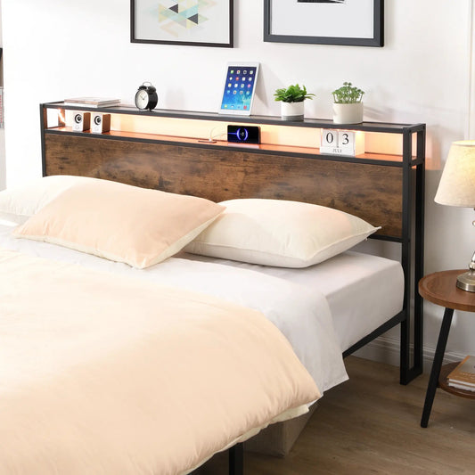 Industrial King Bed Frame with LED strip and USB ports, black metal with wood headboard on Tampa Home & Garden Store
