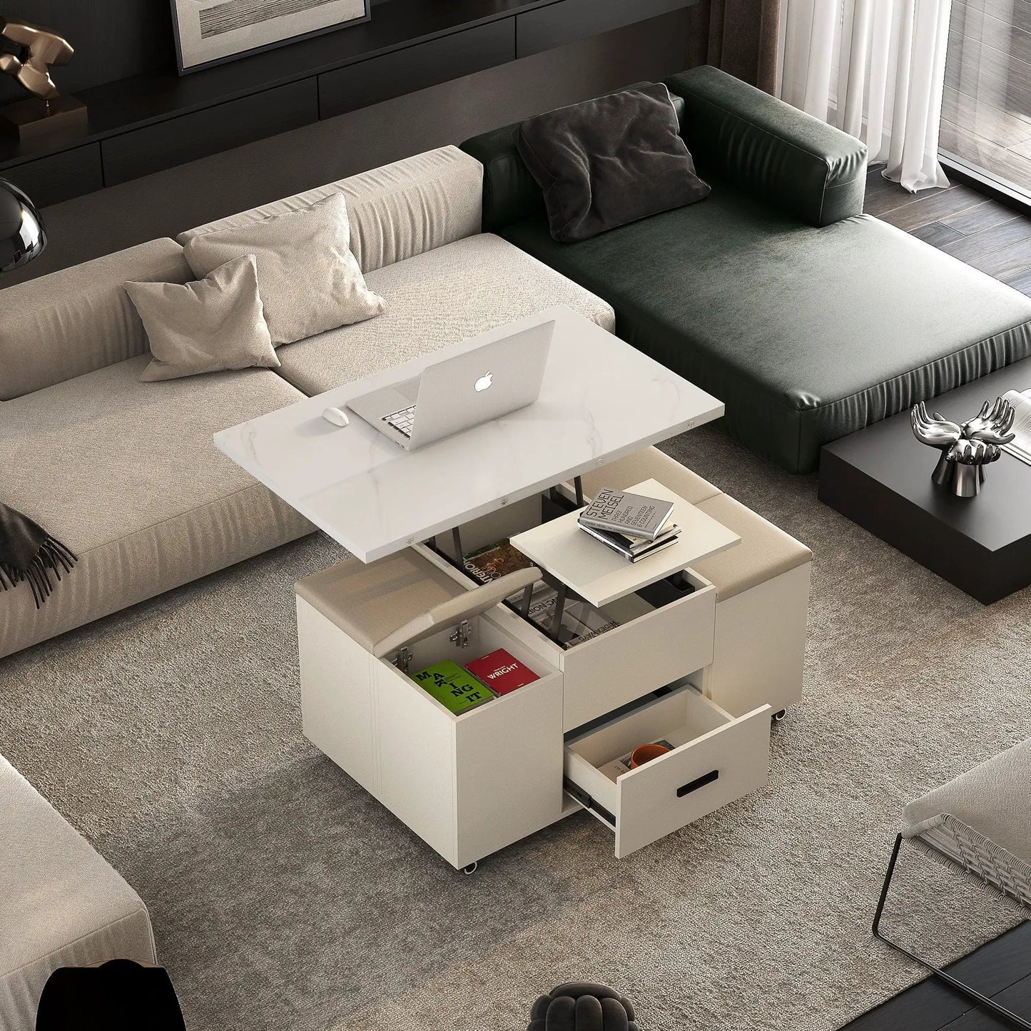Modern lift-up white coffee table with built-in storage in a contemporary living room on Tampa Home & Garden Store