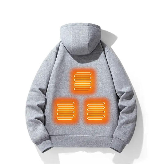 Five Zone Heated Hoodie Jacket for Men back view in gray fleece with three heating panels on Tampa Home & Garden Store