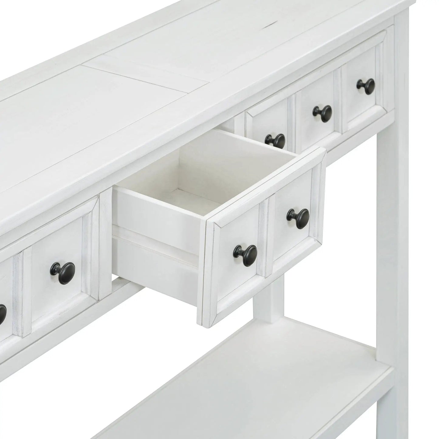 Rustic Entryway Console 60-Inch Sofa Table white wood with drawers and dark metal knobs on Tampa Home & Garden Store